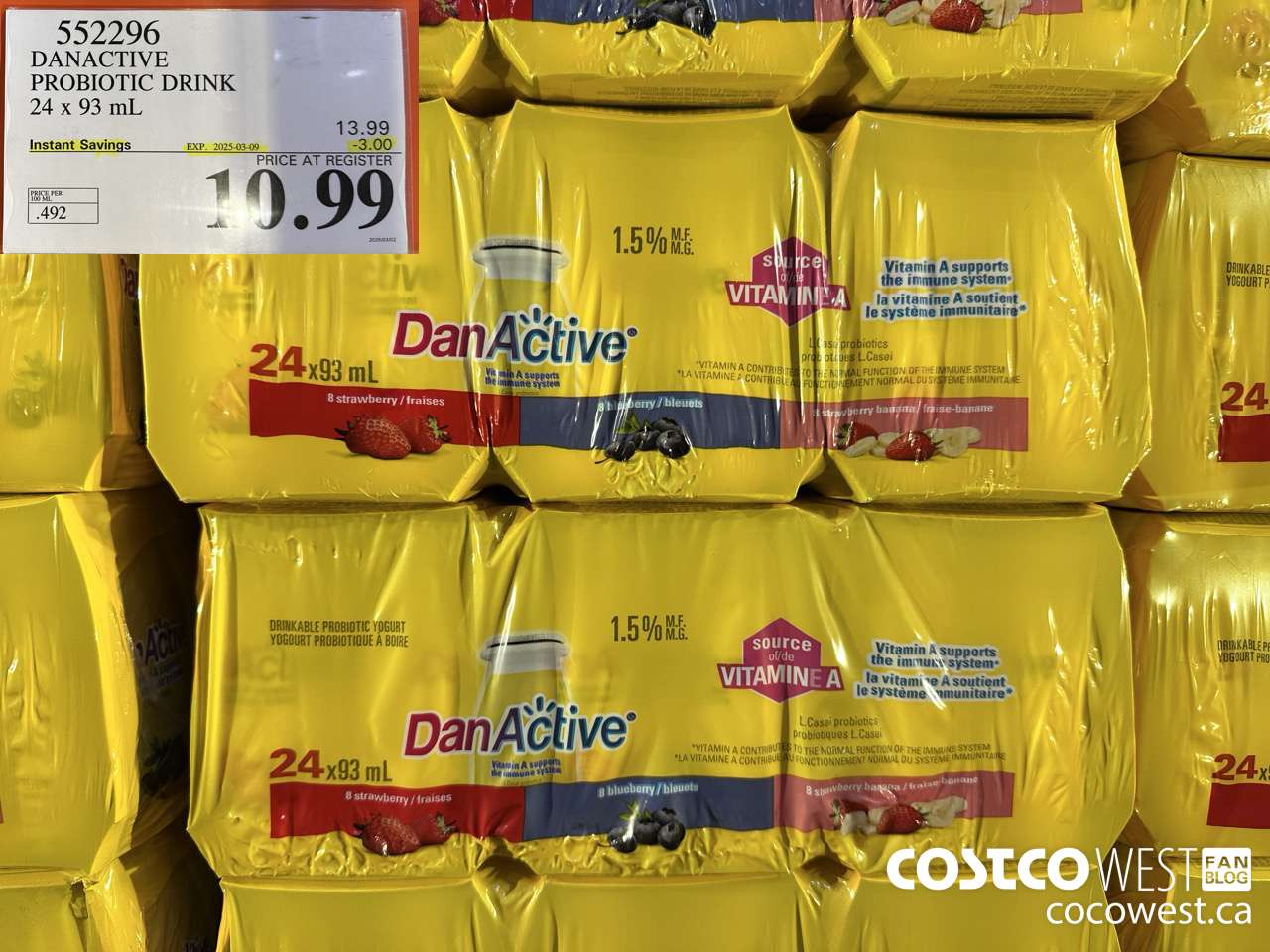 552296 DANACTIVE PROBIOTIC DRINK 24 x 93 mL ($3.00 INSTANT SAVINGS EXPIRES ON 2025-03-09) $10.99