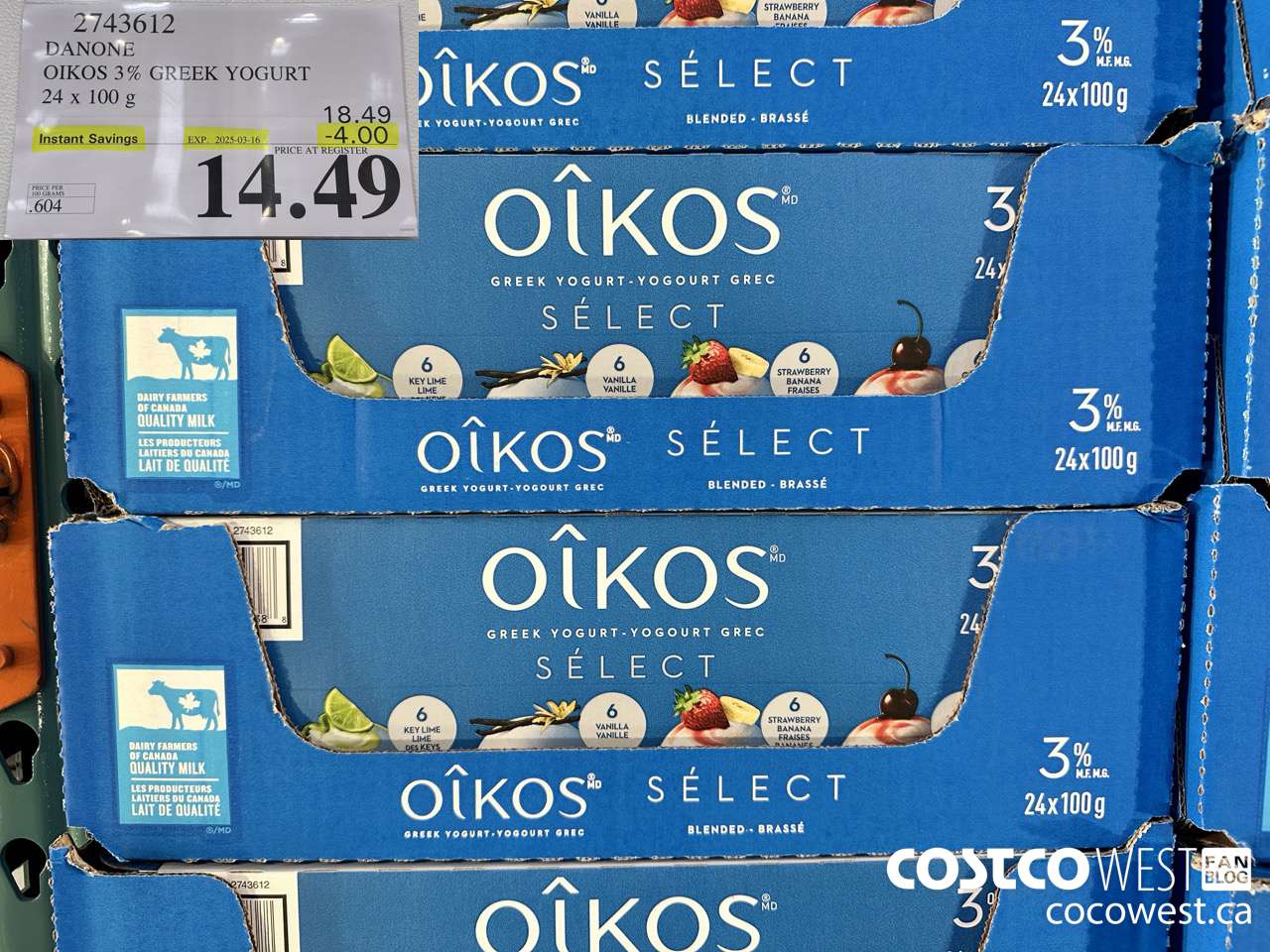 2743612 DANONE OIKOS 3% GREEK YOGURT 24 X 100 G ($4.00 INSTANT SAVINGS EXPIRES ON 2025-03-16) $14.49