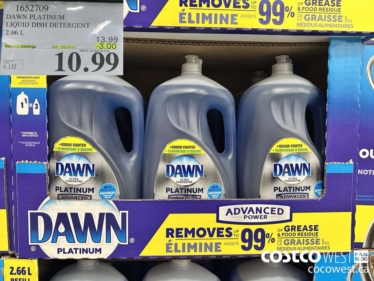 1652709 DAWN PLATINUM LIQUID DISH DETERGENT 2.66L ($3.00 INSTANT SAVINGS EXPIRES ON 2025-03-16) $10.99