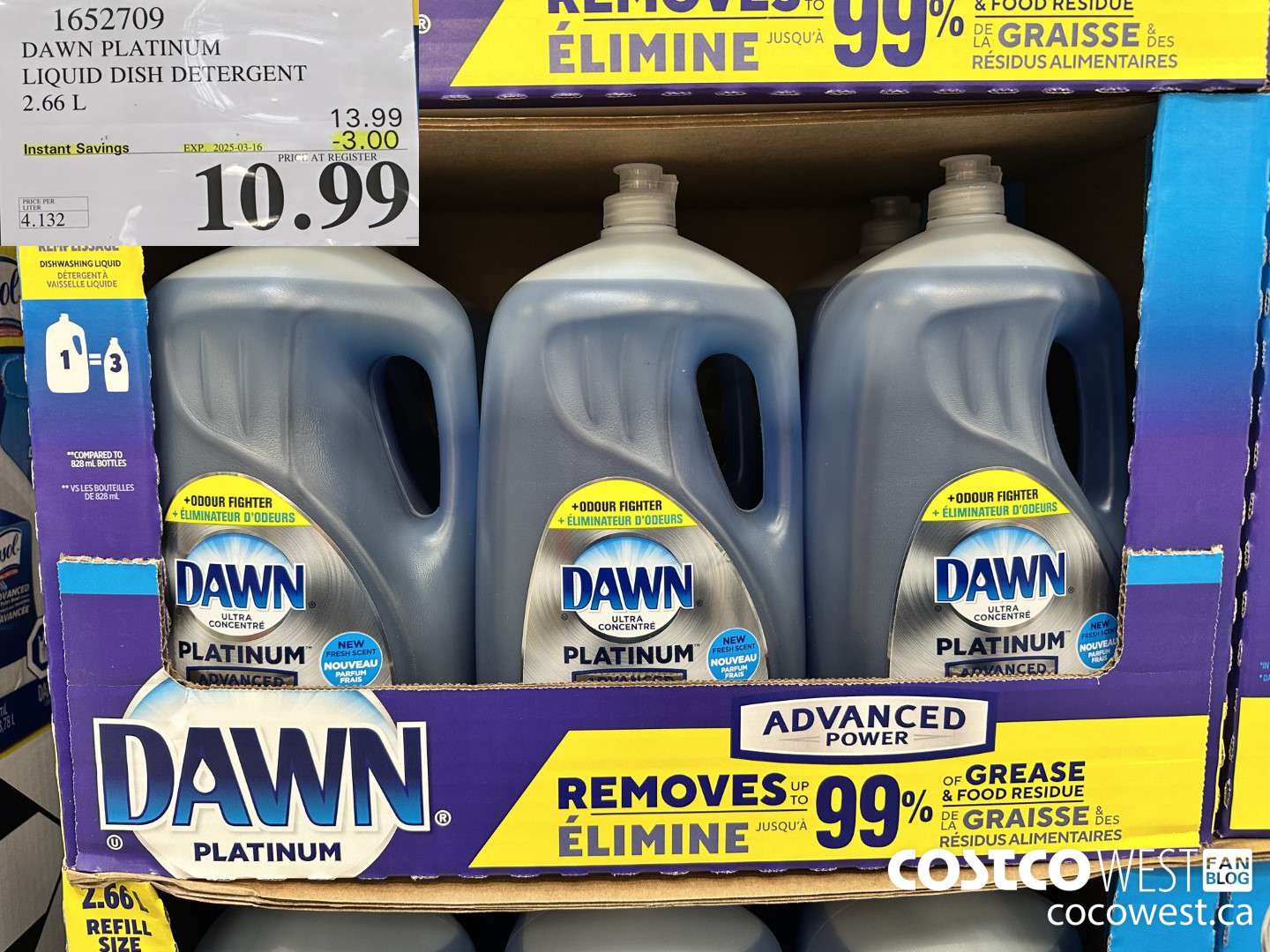 1652709 DAWN PLATINUM LIQUID DISH DETERGENT 2.66L ($3.00 INSTANT SAVINGS EXPIRES ON 2025-03-16) $10.99