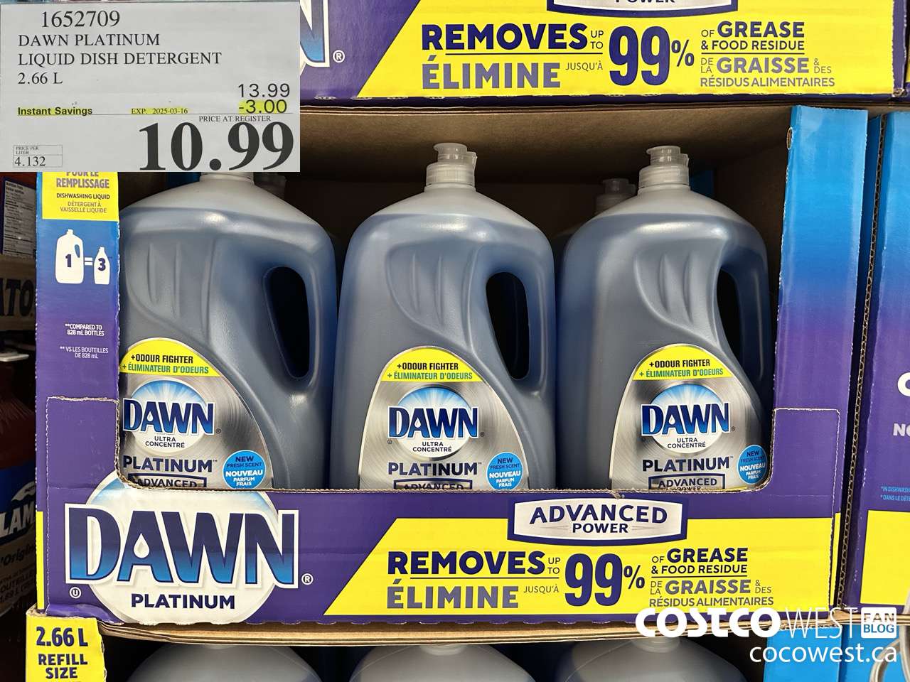 1652709 DAWN PLATINUM LIQUID DISH DETERGENT 2.66L ($3.00 INSTANT SAVINGS EXPIRES ON 2025-03-16) $10.99