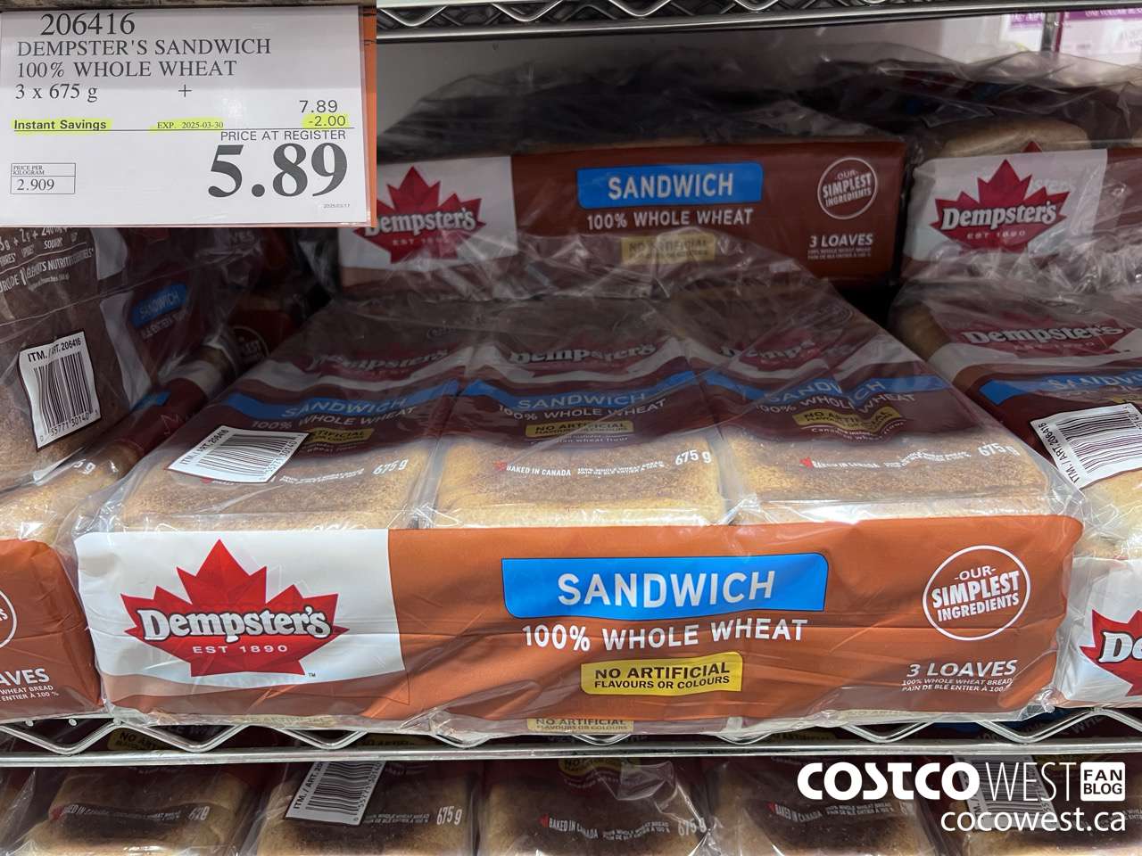 206416 DEMPSTER'S SANDWICH 100% WHOLE WHEAT PACK OF 3 x 675 g ($2.00 INSTANT SAVINGS EXPIRES ON 2025-03-30) $5.89