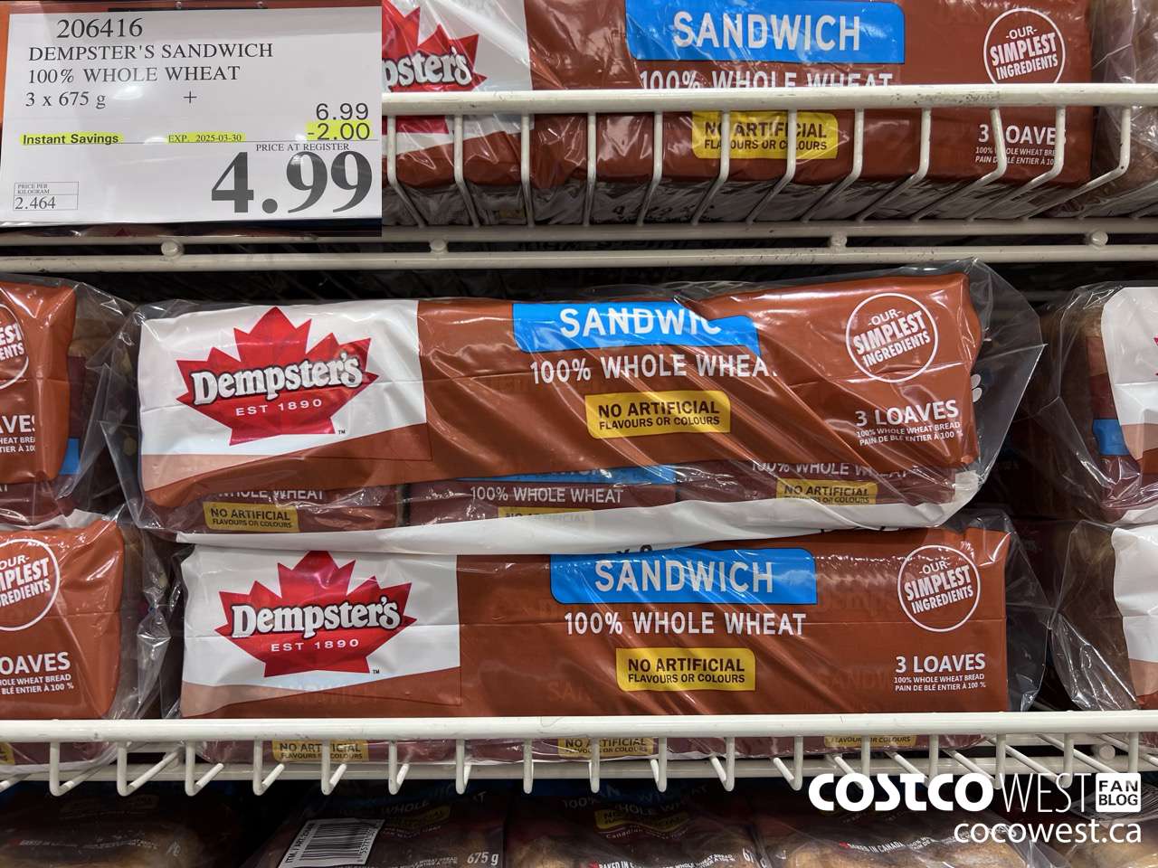 206416 DEMPSTER'S SANDWICH 100% WHOLE WHEAT PACK OF 3 x 675 g ($2.00 INSTANT SAVINGS EXPIRES ON 2025-03-30) $4.99