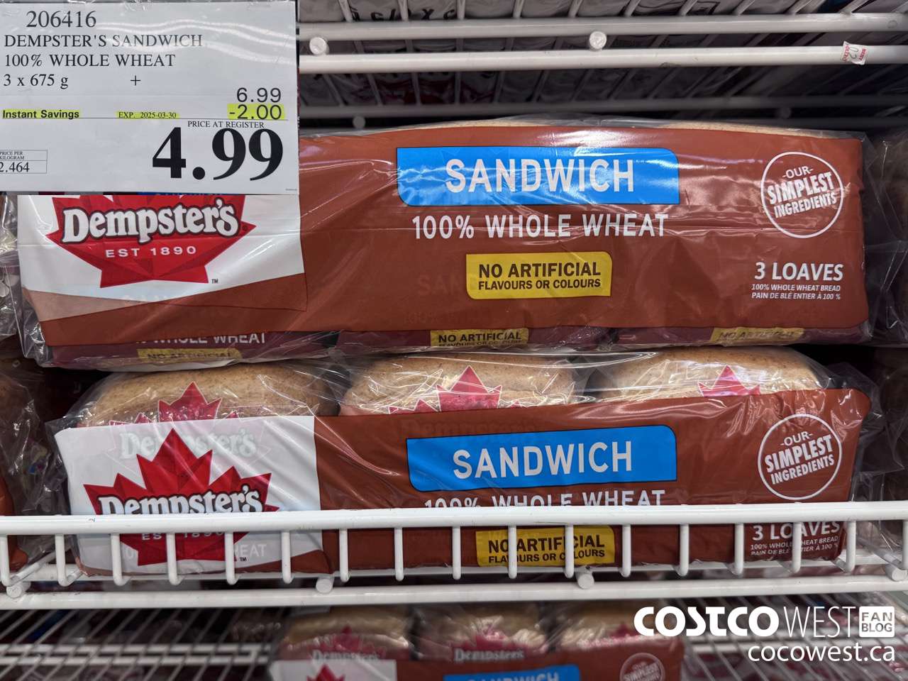 206416 DEMPSTER'S SANDWICH 100% WHOLE WHEAT PACK OF 3 x 675 g ($2.00 INSTANT SAVINGS EXPIRES ON 2025-03-30) $4.99
