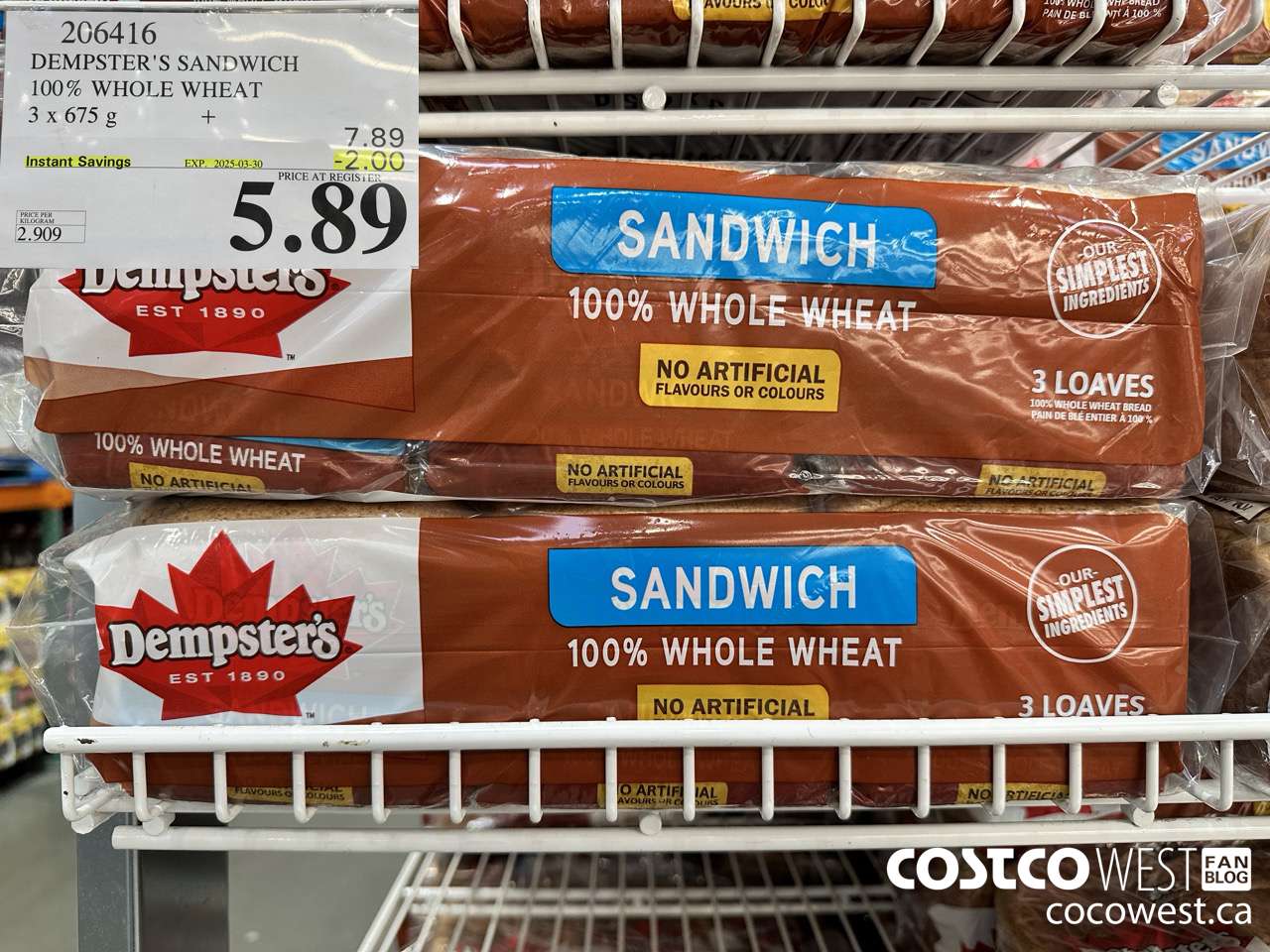 206416 DEMPSTER'S SANDWICH 100% WHOLE WHEAT PACK OF 3 x 675 g ($2.00 INSTANT SAVINGS EXPIRES ON 2025-03-30) $5.89
