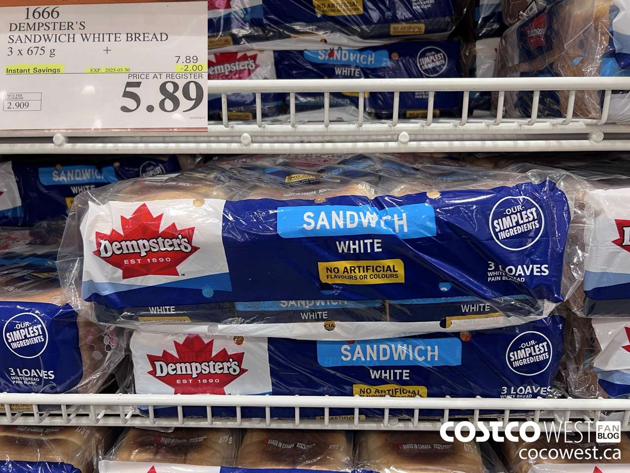 1666 DEMPSTER'S SANDWICH WHITE BREAD PACK OF 3 x 675 g ($2.00 INSTANT SAVINGS EXPIRES ON 2025-03-30) $5.89