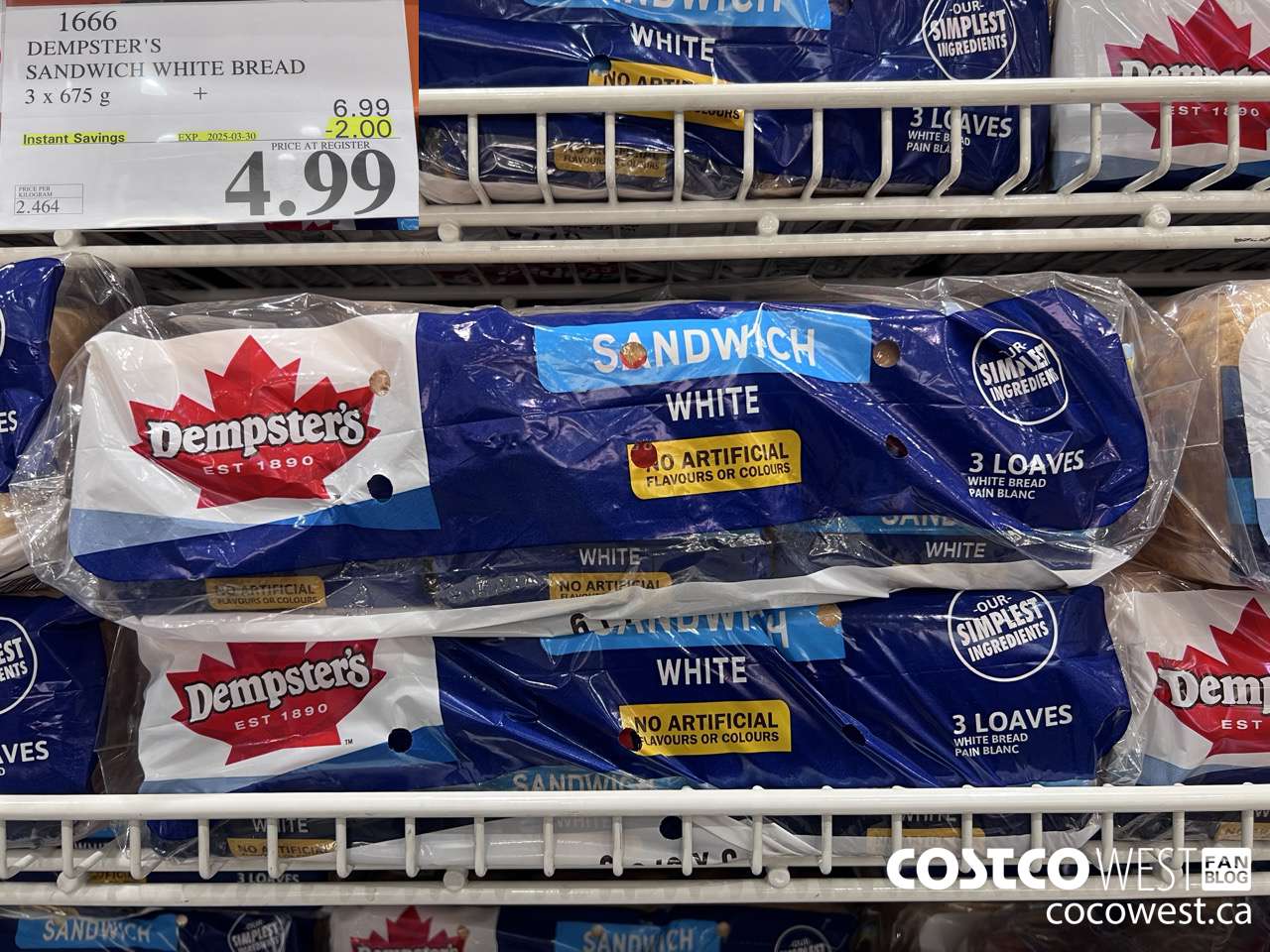 1666 DEMPSTER'S SANDWICH WHITE BREAD PACK OF 3 x 675 g ($2.00 INSTANT SAVINGS EXPIRES ON 2025-03-30) $4.99