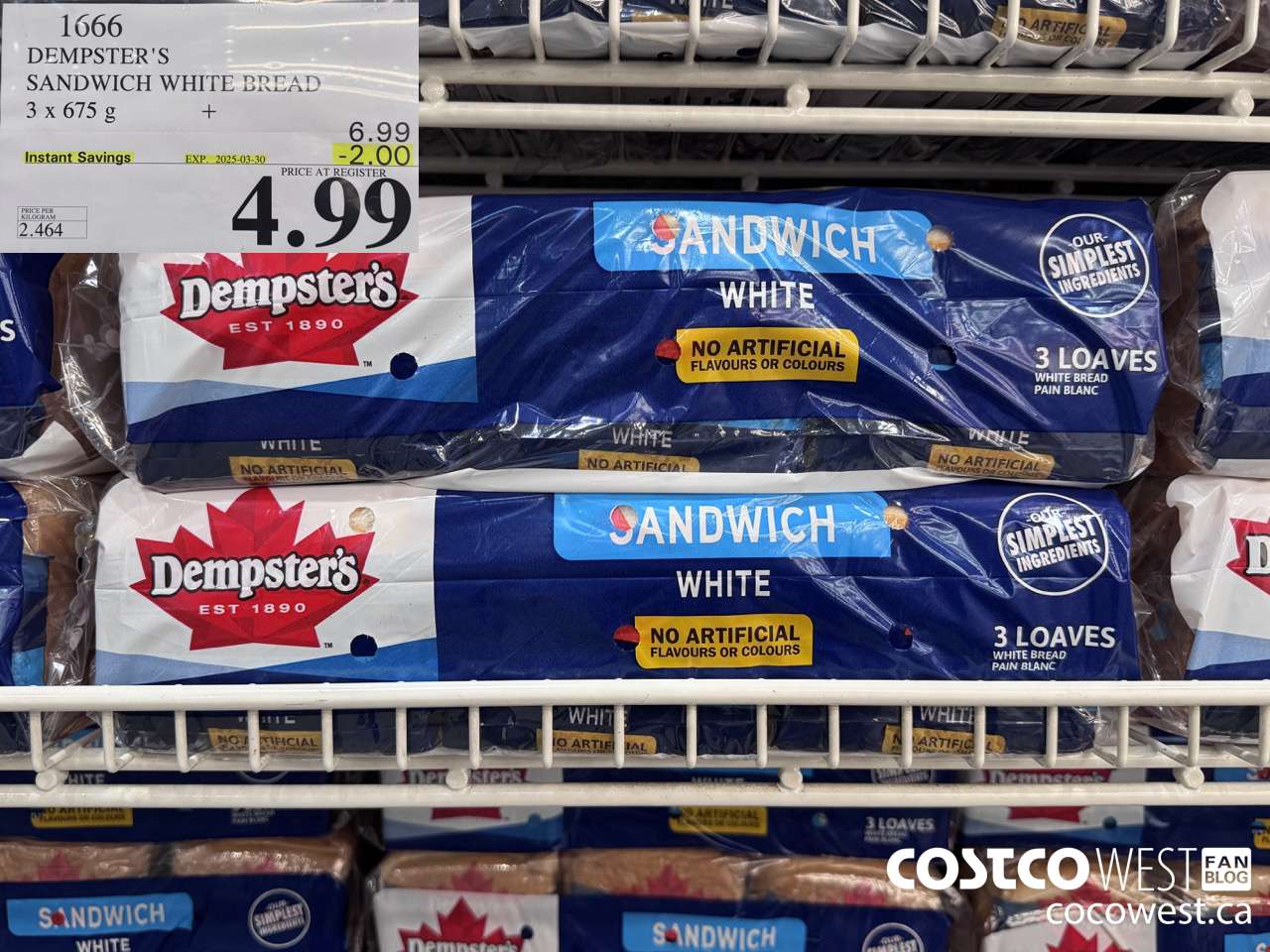 1666 DEMPSTER'S SANDWICH WHITE BREAD PACK OF 3 x 675 g ($2.00 INSTANT SAVINGS EXPIRES ON 2025-03-30) $4.99