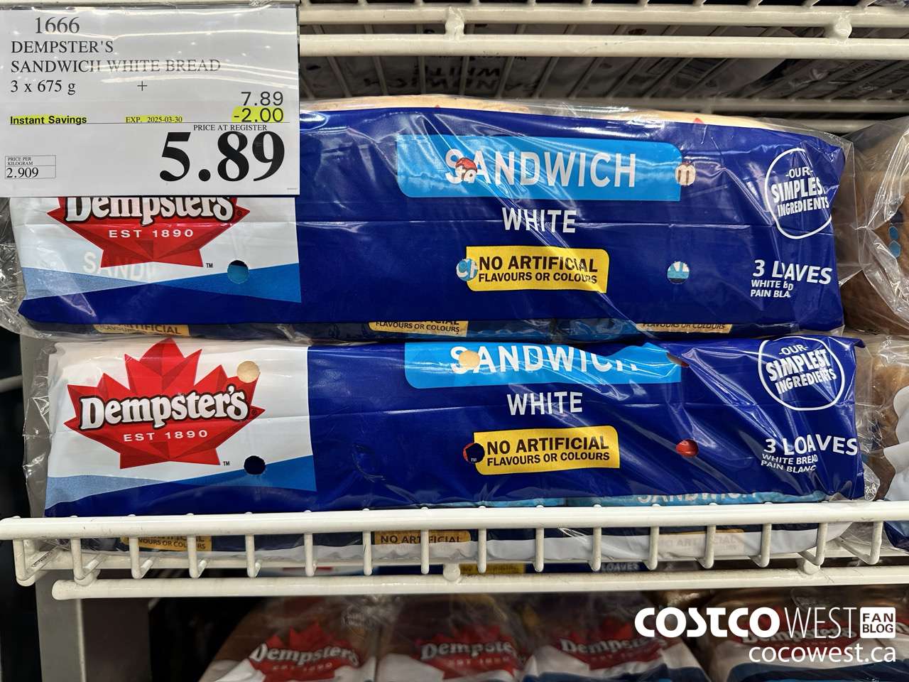 1666 DEMPSTER'S SANDWICH WHITE BREAD PACK OF 3 x 675 g ($2.00 INSTANT SAVINGS EXPIRES ON 2025-03-30) $5.89