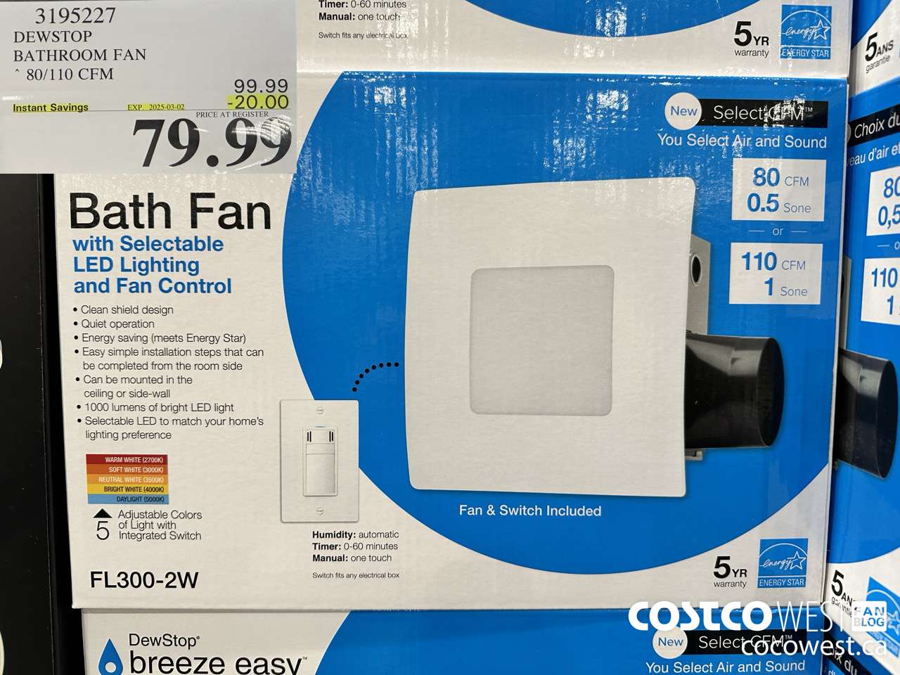 3195227 DEWSTOP BATHROOM FAN & SWITCH 80/110 CFM ($20.00 INSTANT SAVINGS EXPIRES ON 2025-03-02) $79.99