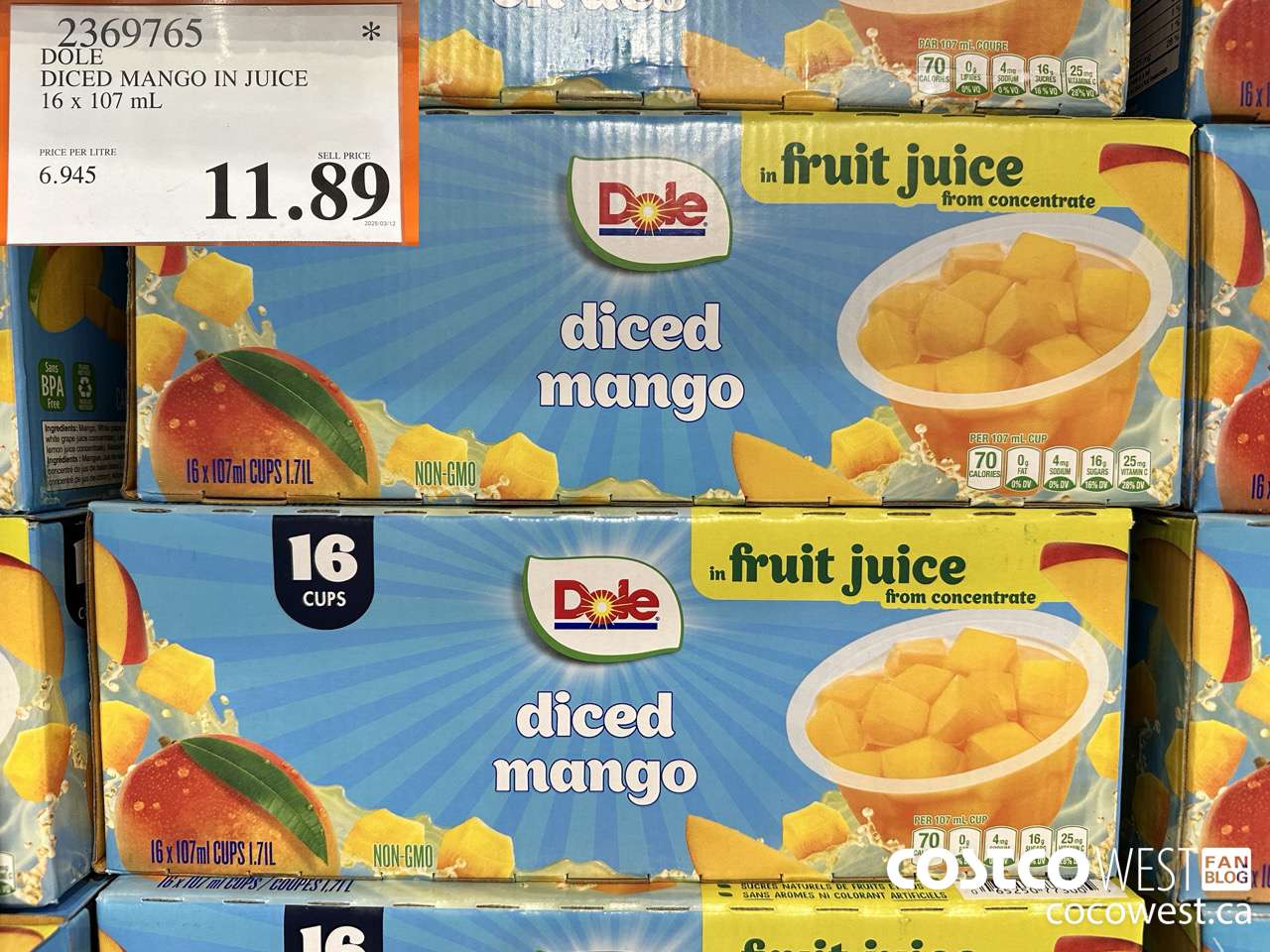 2369765 DOLE DICED MANGO IN JUICE 16 X 107ML $11.89