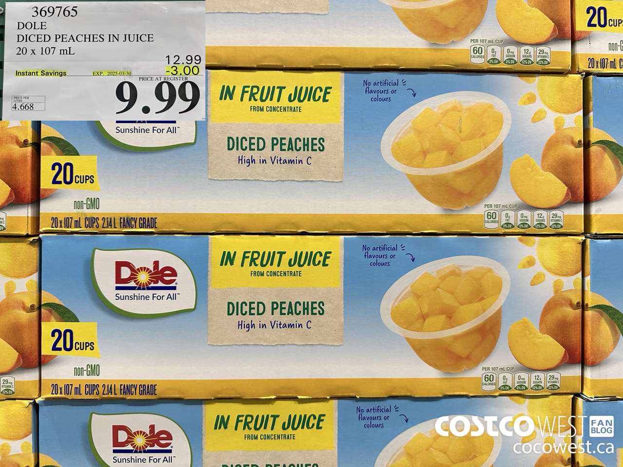 369765 DOLE DICED PEACHES IN JUICE 20 X 107ML ($3.00 INSTANT SAVINGS EXPIRES ON 2025-03-30) $9.99