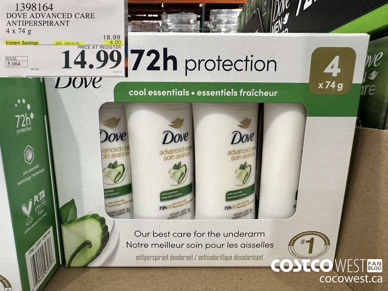1398164 DOVE ADVANCED CARE ANTIPERSPIRANT 4x74 g ($4.00 INSTANT SAVINGS EXPIRES ON 2025-03-30) $14.99