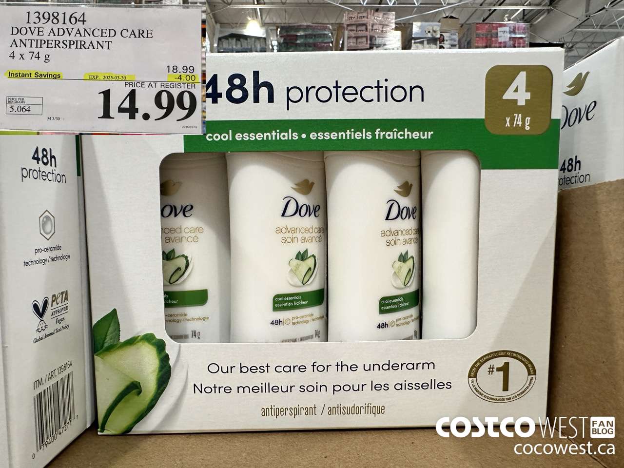 1398164 DOVE ADVANCED CARE ANTIPERSPIRANT 4x74 g ($4.00 INSTANT SAVINGS EXPIRES ON 2025-03-30) $14.99