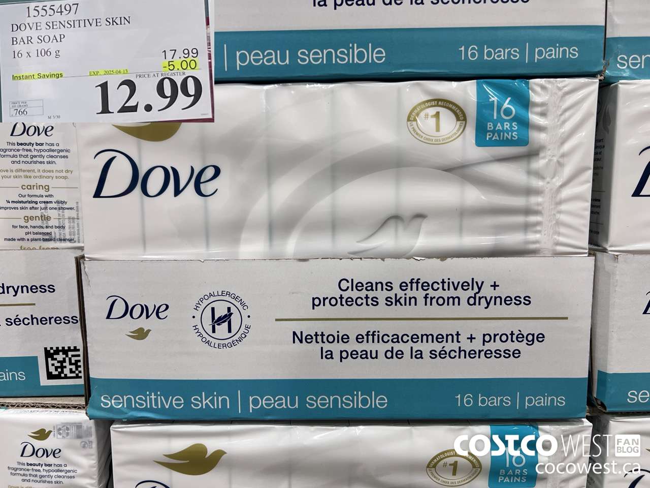 1555497 DOVE BAR SOAP SENSITIVE SKIN 16 x 106 g ($5.00 INSTANT SAVINGS EXPIRES ON 2025-04-13) $12.99