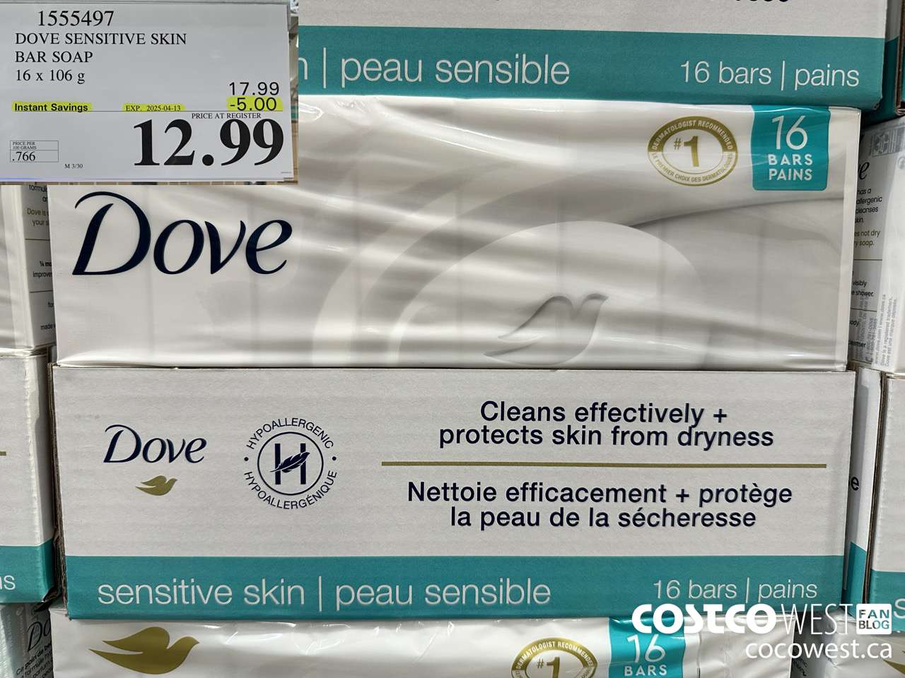 1555497 DOVE BAR SOAP SENSITIVE SKIN 16 x 106 g ($5.00 INSTANT SAVINGS EXPIRES ON 2025-04-13) $12.99