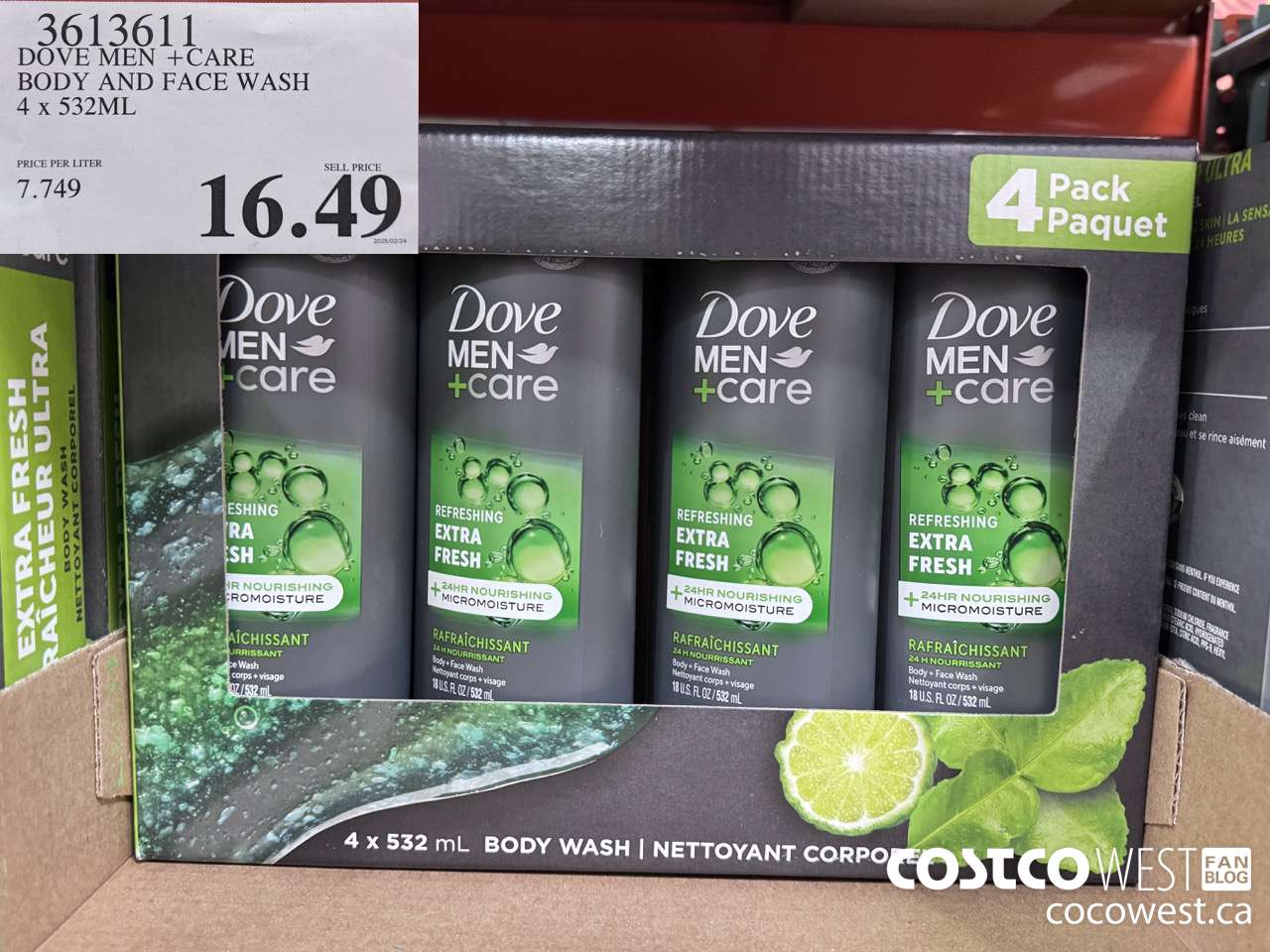 3613611 DOVE MEN +CARE BODY AND FACE WASH 4 X 532ML $16.49