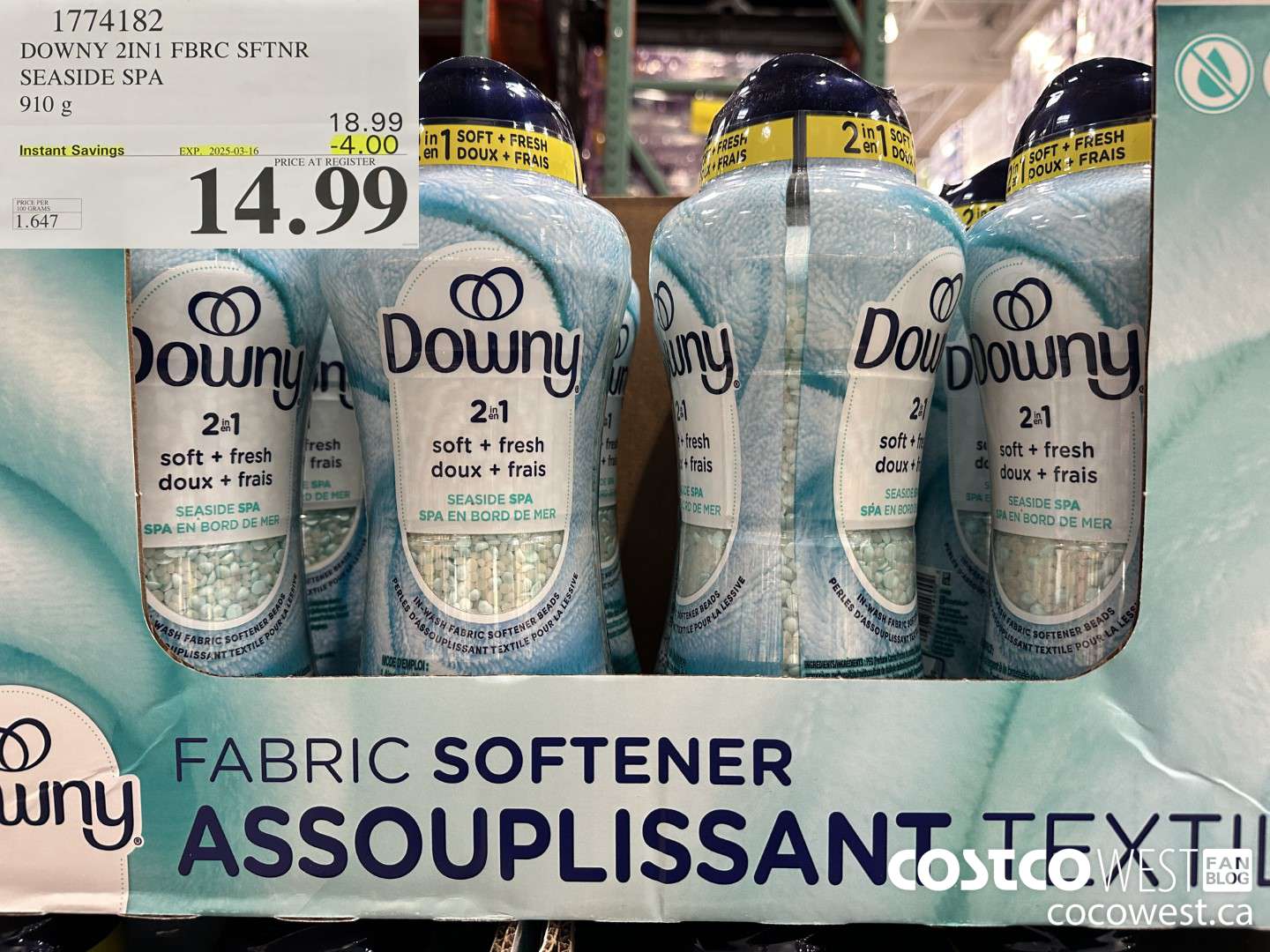 1774182 DOWNY 2IN1 FBRC SFTNR SEASIDE SPA 910G ($4.00 INSTANT SAVINGS EXPIRES ON 2025-03-16) $14.99