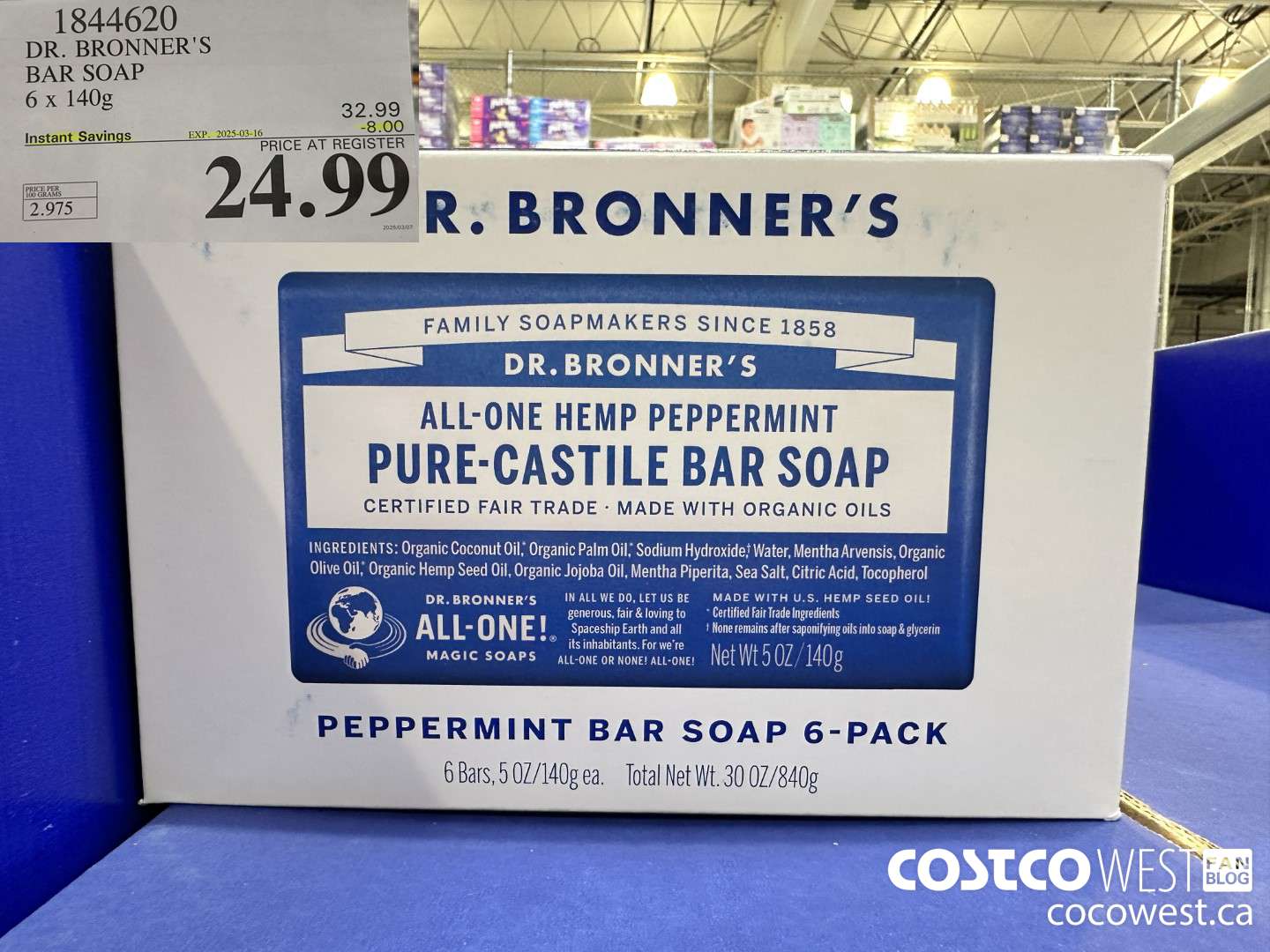 1844620 DR. BRONNER'S BAR SOAP 6 X 140G ($8.00 INSTANT SAVINGS EXPIRES ON 2025-03-16) $24.99