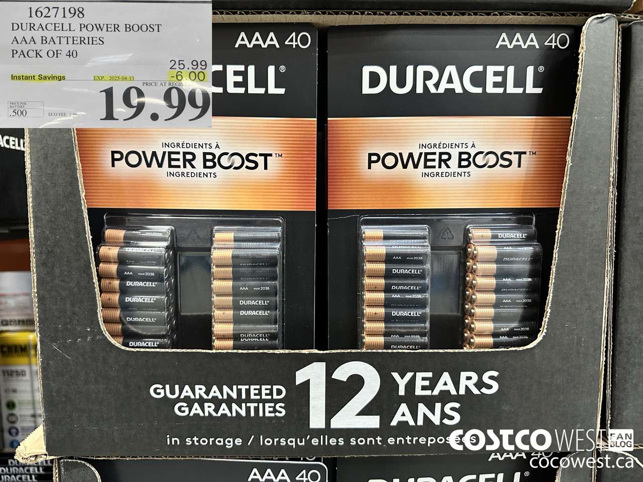 1627198 DURACELL POWER BOOST AAA BATTERIES PACK OF 40 ($6.00 INSTANT SAVINGS EXPIRES ON 2025-04-13) $19.99