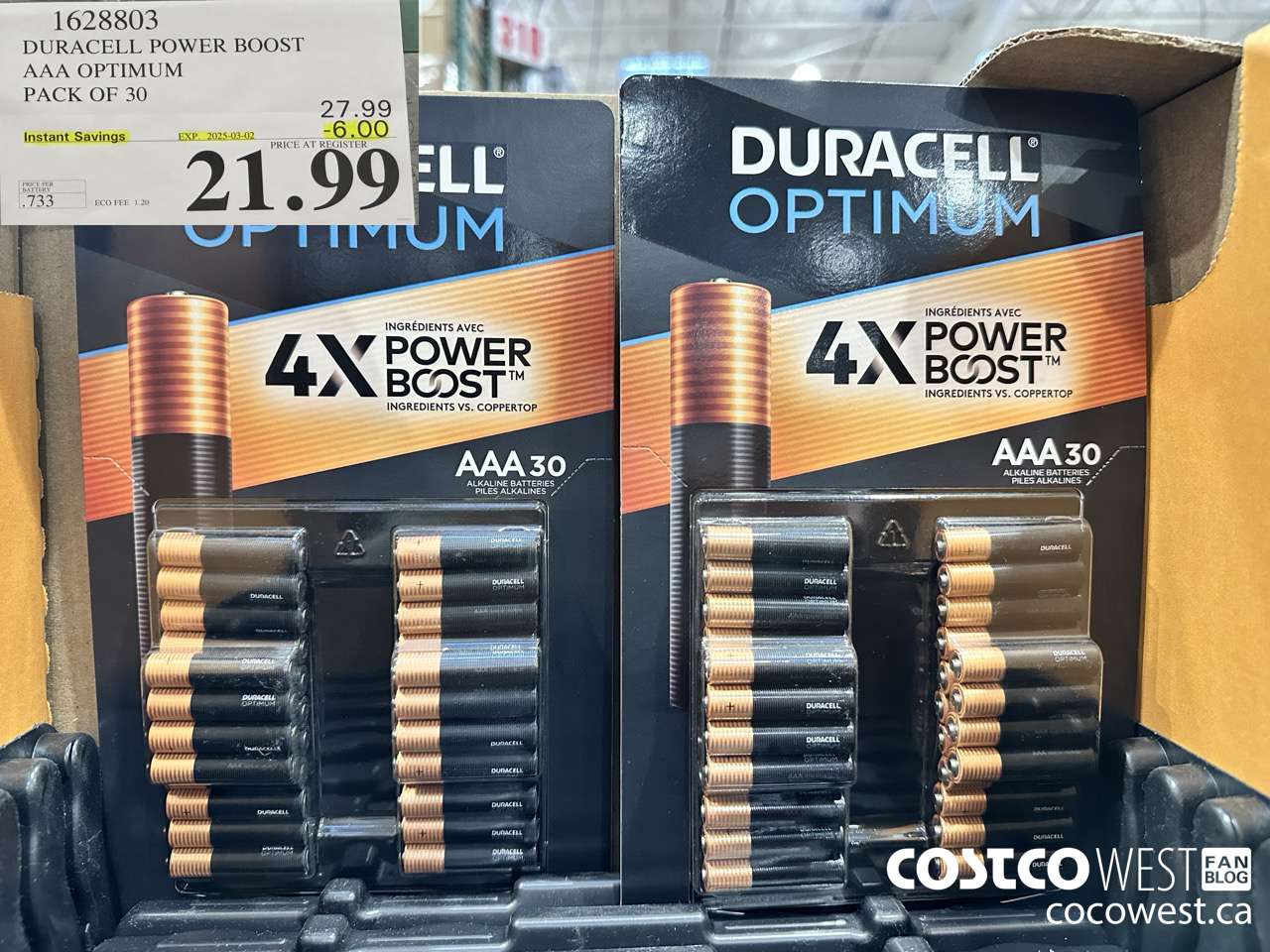 1628803 DURACELL POWER BOOST AAA OPTIMUM PACK OF 30 ($6.00 INSTANT SAVINGS EXPIRES ON 2025-03-02) $21.99