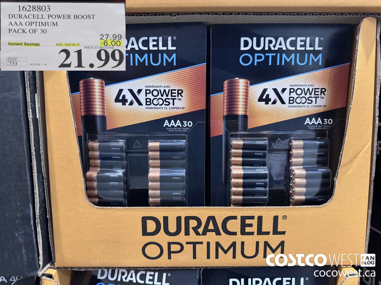 1628803 DURACELL POWER BOOST AAA OPTIMUM PACK OF 30 ($6.00 INSTANT SAVINGS EXPIRES ON 2025-04-13) $21.99