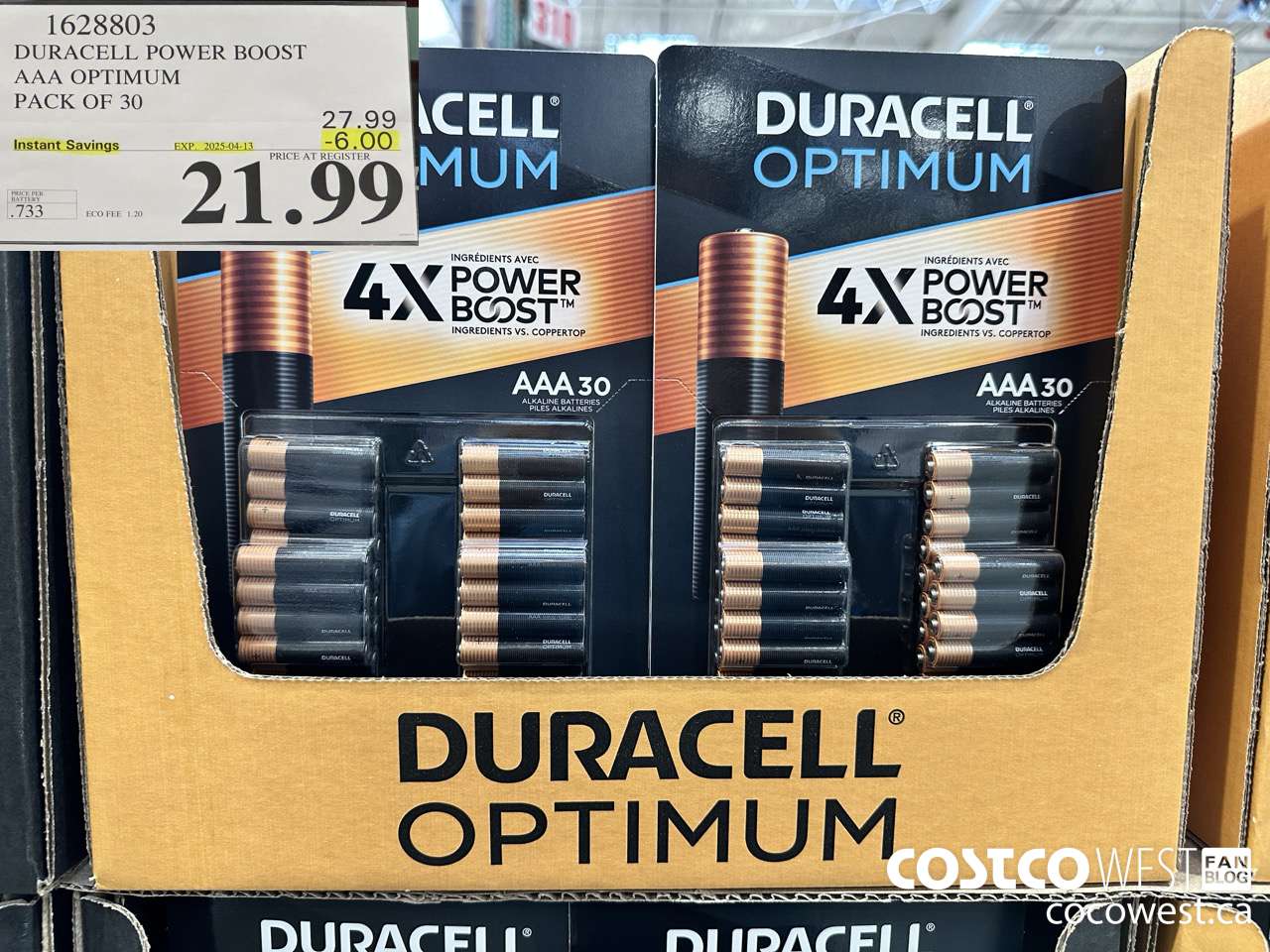 1628803 DURACELL POWER BOOST AAA OPTIMUM PACK OF 30 ($6.00 INSTANT SAVINGS EXPIRES ON 2025-04-13) $21.99