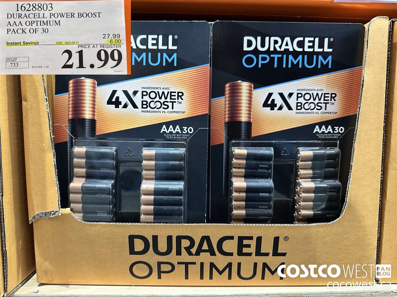 1628803 DURACELL POWER BOOST AAA OPTIMUM PACK OF 30 ($6.00 INSTANT SAVINGS EXPIRES ON 2025-04-13) $21.99