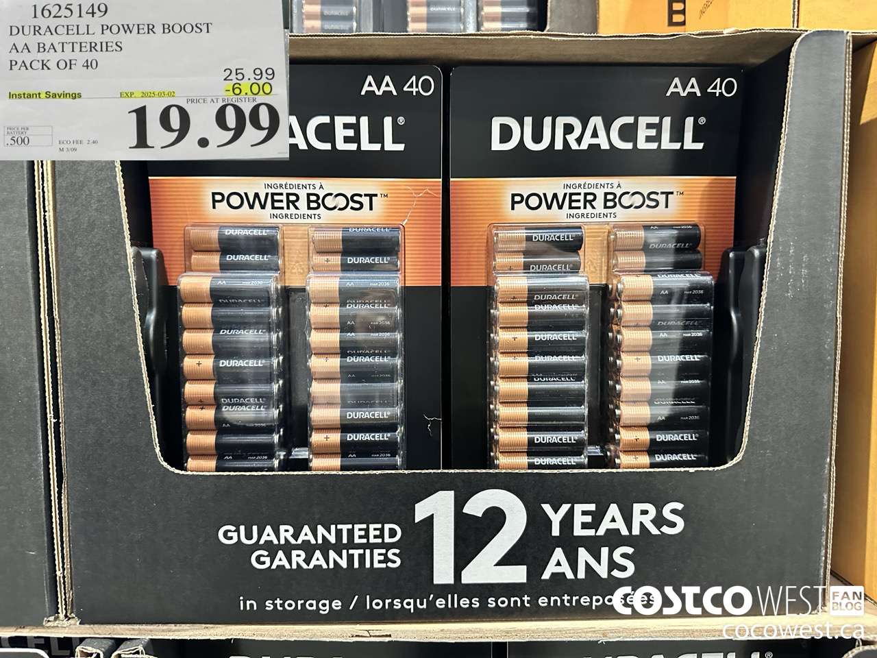 1625149 DURACELL POWER BOOST AA BATTERIES PACK OF 40 ($6.00 INSTANT SAVINGS EXPIRES ON 2025-03-02) $19.99