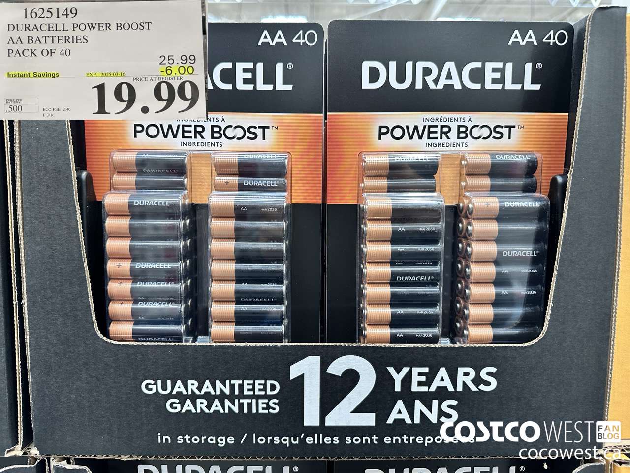 1625149 DURACELL POWER BOOST AA BATTERIES PACK OF 40 ($6.00 INSTANT SAVINGS EXPIRES ON 2025-03-16) $19.99