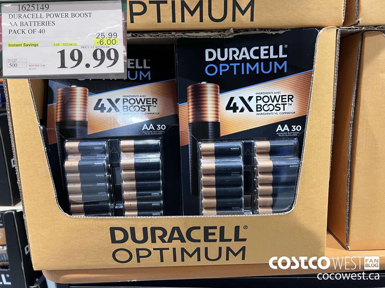 1625149 DURACELL POWER BOOST AA BATTERIES PACK OF 40 ($6.00 INSTANT SAVINGS EXPIRES ON 2025-04-13) $19.99
