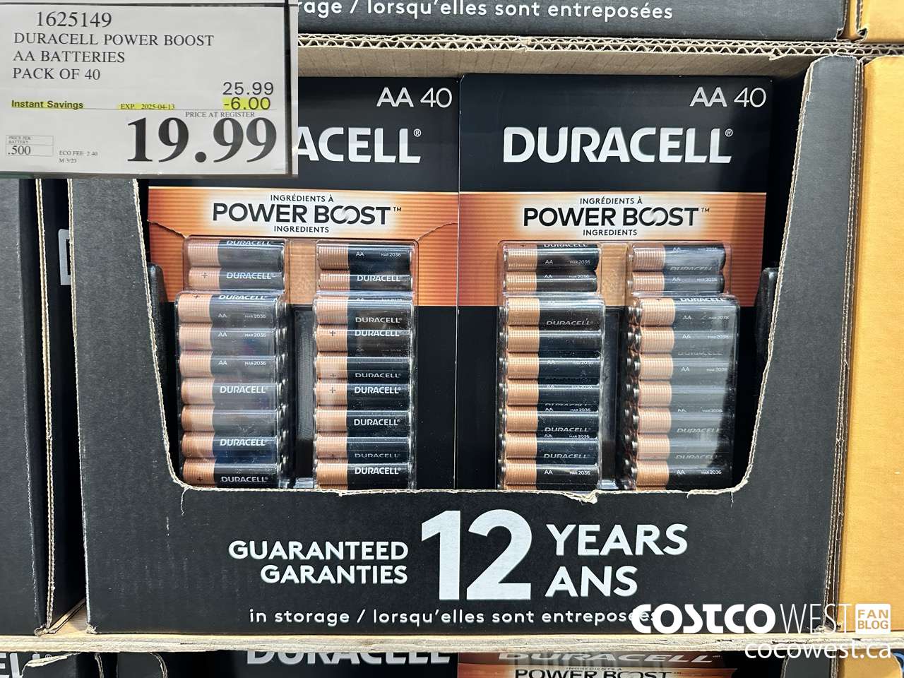 1625149 DURACELL POWER BOOST AA BATTERIES PACK OF 40 ($6.00 INSTANT SAVINGS EXPIRES ON 2025-04-13) $19.99