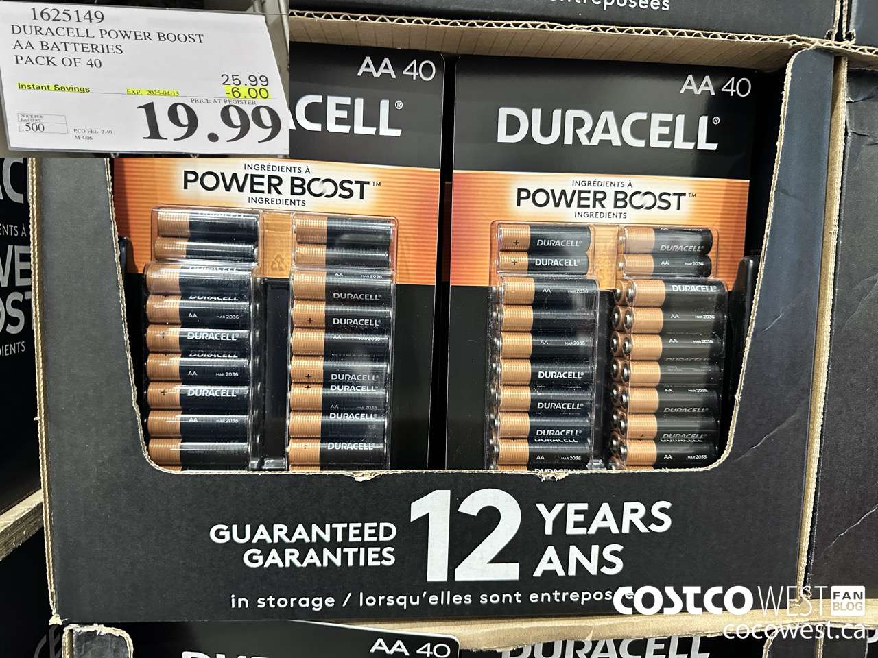 1625149 DURACELL POWER BOOST AA BATTERIES PACK OF 40 ($6.00 INSTANT SAVINGS EXPIRES ON 2025-04-13) $19.99