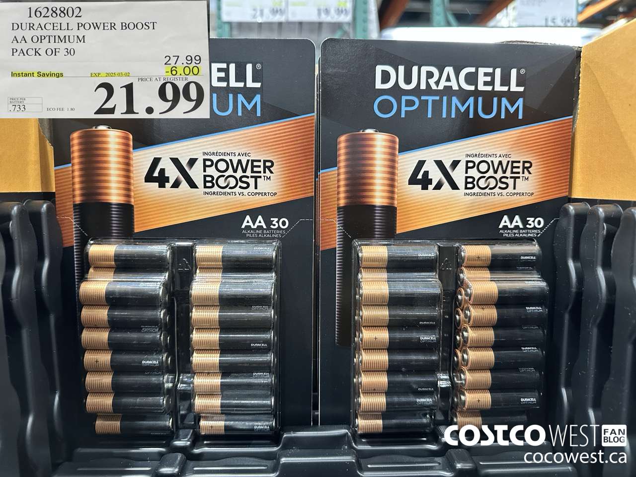 1628802 DURACELL POWER BOOST AA OPTIMUM PACK OF 30 ($6.00 INSTANT SAVINGS EXPIRES ON 2025-03-02) $21.99