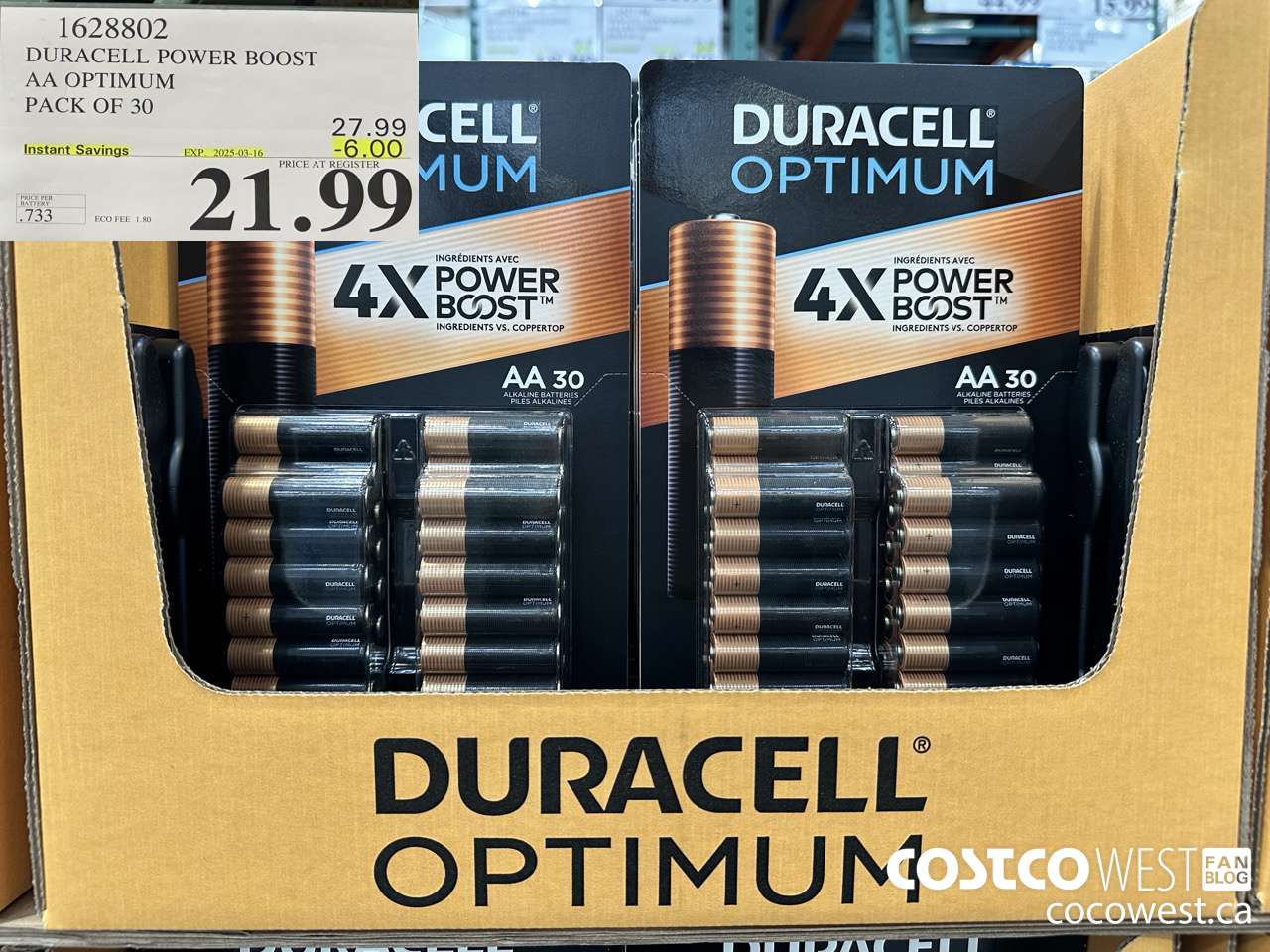 1628802 DURACELL POWER BOOST AA OPTIMUM PACK OF 30 ($6.00 INSTANT SAVINGS EXPIRES ON 2025-03-16) $21.99