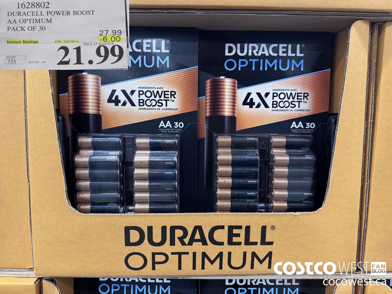 1628802 DURACELL POWER BOOST AA OPTIMUM PACK OF 30 ($6.00 INSTANT SAVINGS EXPIRES ON 2025-04-13) $21.99