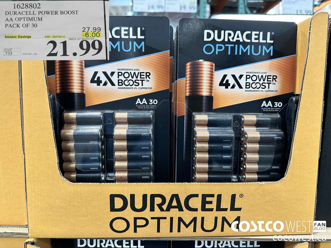 1628802 DURACELL POWER BOOST AA OPTIMUM PACK OF 30 ($6.00 INSTANT SAVINGS EXPIRES ON 2025-04-13) $21.99