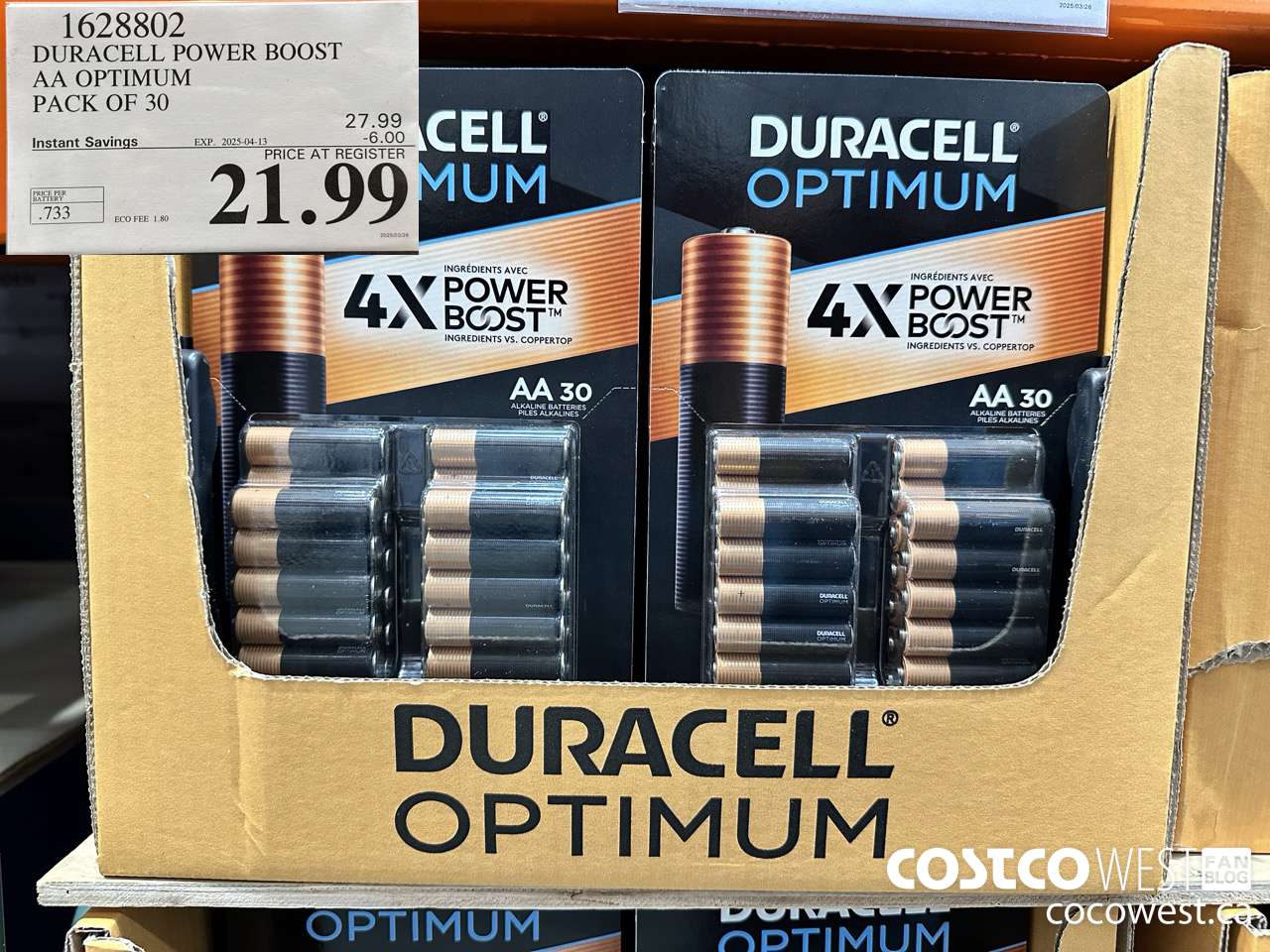 1628802 DURACELL POWER BOOST AA OPTIMUM PACK OF 30 ($6.00 INSTANT SAVINGS EXPIRES ON 2025-04-13) $21.99