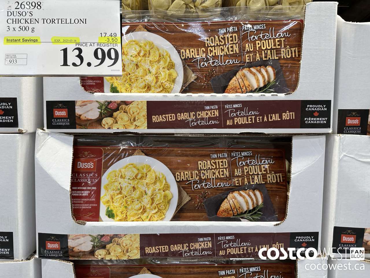 26898 DUSO'S CHICKEN TORTELLONI 3 x 500 g ($3.50 INSTANT SAVINGS EXPIRES ON 2025-03-16) $13.99