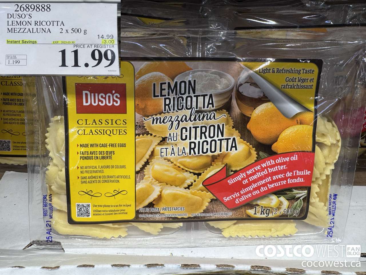 2689888 DUSO'S LEMON RICOTTA MEZZALUNA 2x 500g ($3.00 INSTANT SAVINGS EXPIRES ON 2025-03-30) $11.99