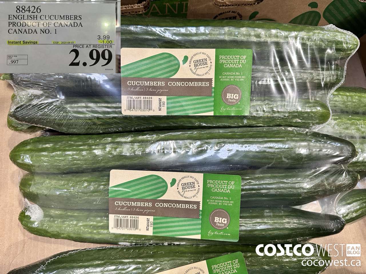 88426 ENGLISH CUCUMBERS PRODUCT OF CANADA CANADA NO. 1 ($1.00 INSTANT SAVINGS EXPIRES ON 2025-04-03) $2.99