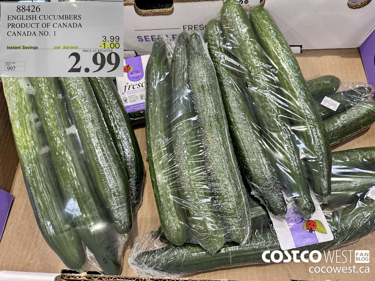 88426 ENGLISH CUCUMBERS PRODUCT OF CANADA CANADA NO. 1 ($1.00 INSTANT SAVINGS EXPIRES ON 2025-04-03) $2.99