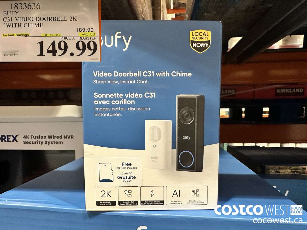 1833636 EUFY C31 VIDEO DOORBELL 2K WITH CHIME ($40.00 INSTANT SAVINGS EXPIRES ON 2025-03-09) $149.99