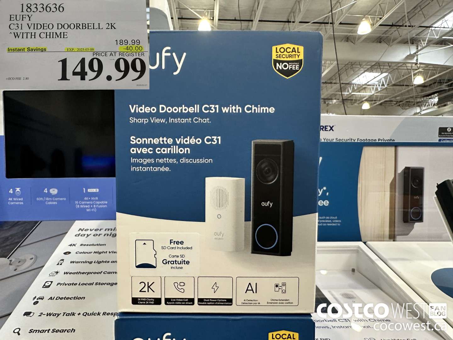 1833636 EUFY C31 VIDEO DOORBELL 2K WITH CHIME ($40.00 INSTANT SAVINGS EXPIRES ON 2025-03-09) $149.99