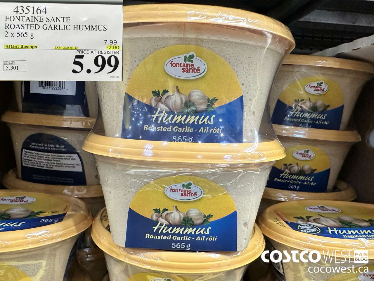 435164 FONTAINE SANTE ROASTED GARLIC HUMMUS 2 x 565 g ($2.00 INSTANT SAVINGS EXPIRES ON 2025-03-30) $5.99