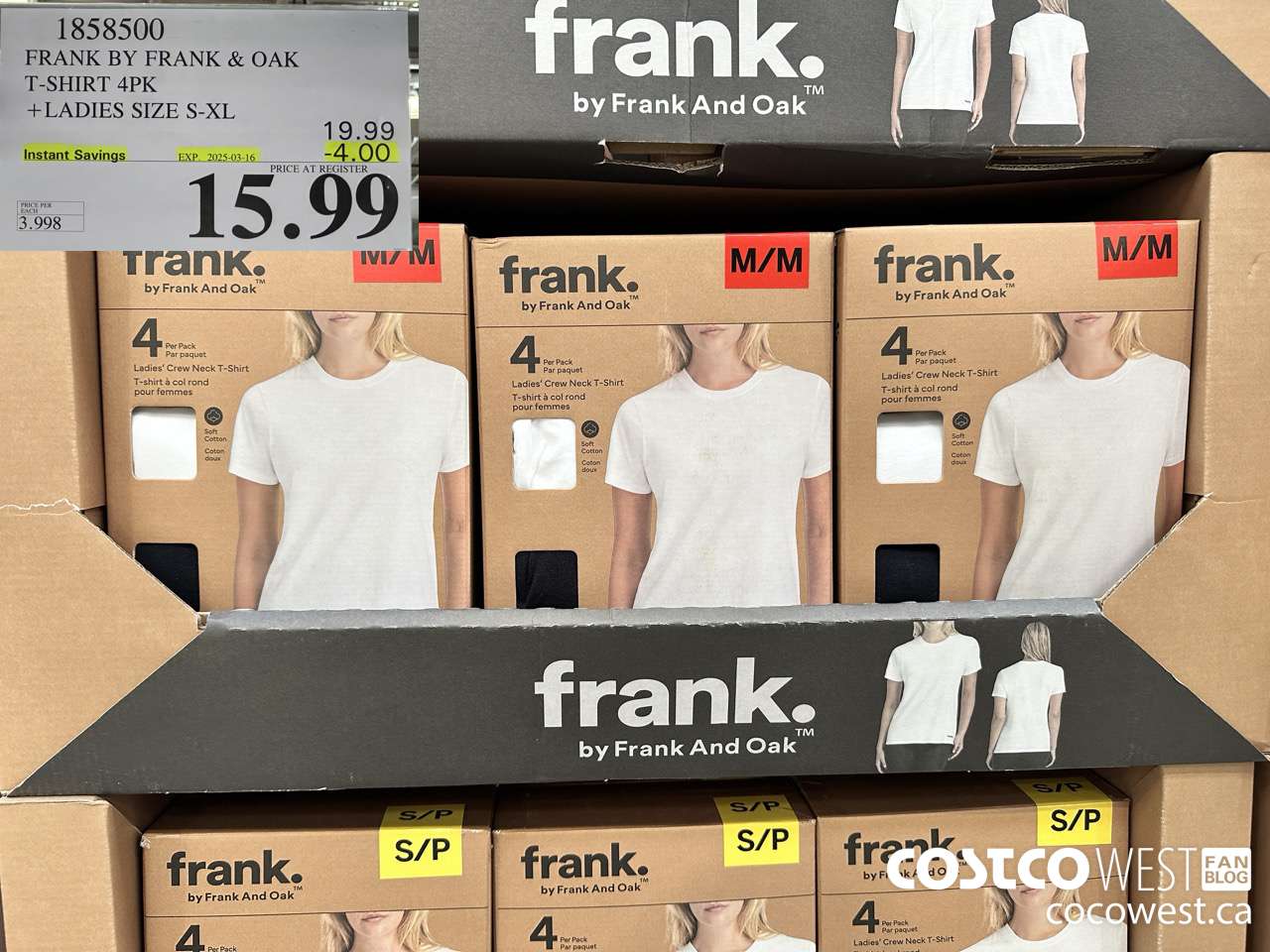 1858500 FRANK BY FRANK & OAK T-SHIRT 4PK LADIES SIZES S-XL ($4.00 INSTANT SAVINGS EXPIRES ON 2025-03-16) $15.99