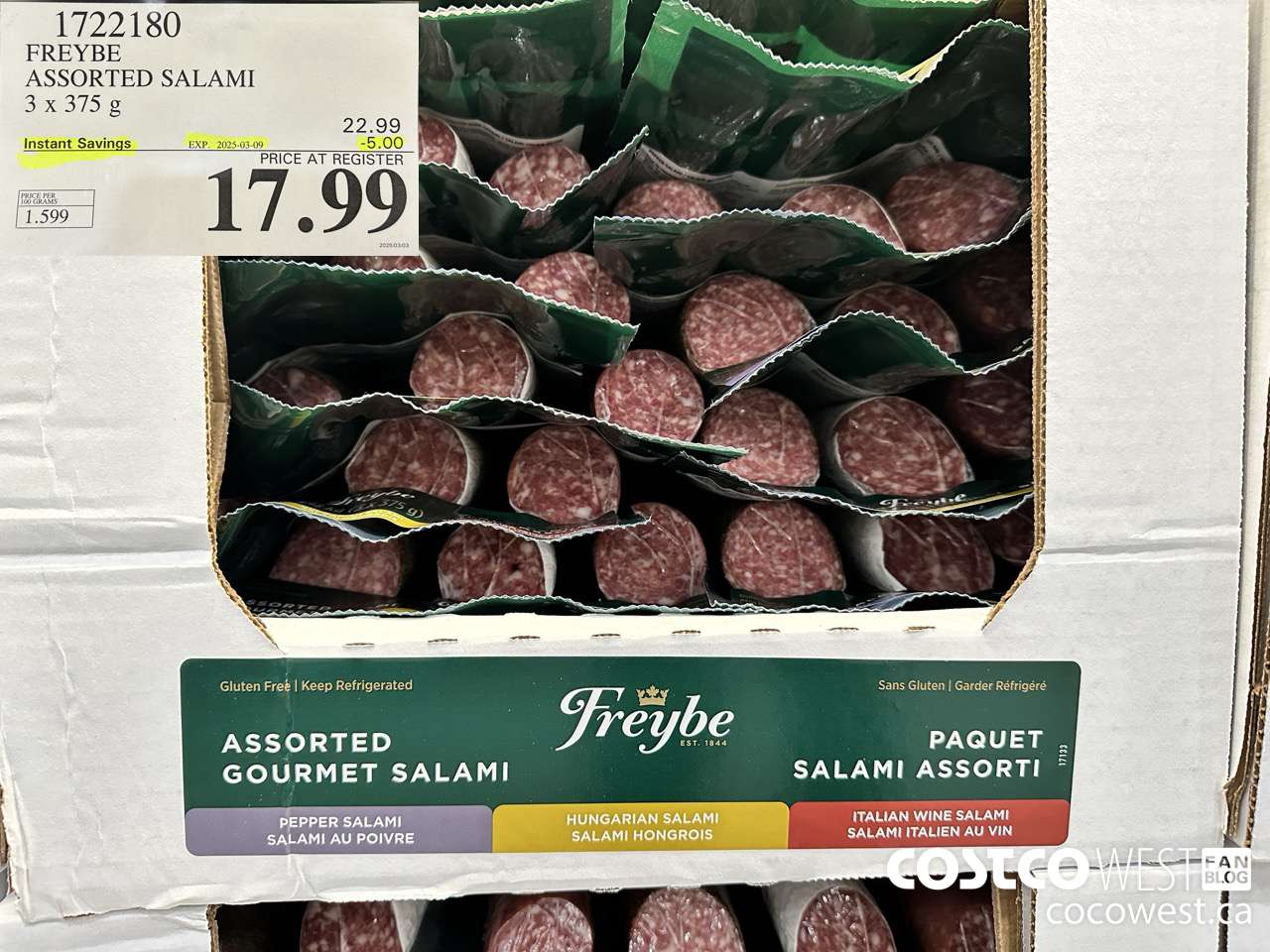 1722180 FREYBE ASSORTED SALAMI 3 x 375 g ($5.00 INSTANT SAVINGS EXPIRES ON 2025-03-09) $17.99