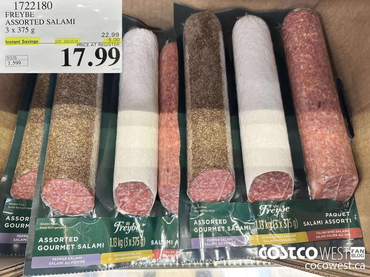 1722180 FREYBE ASSORTED SALAMI 3 x 375 g ($5.00 INSTANT SAVINGS EXPIRES ON 2025-03-09) $17.99