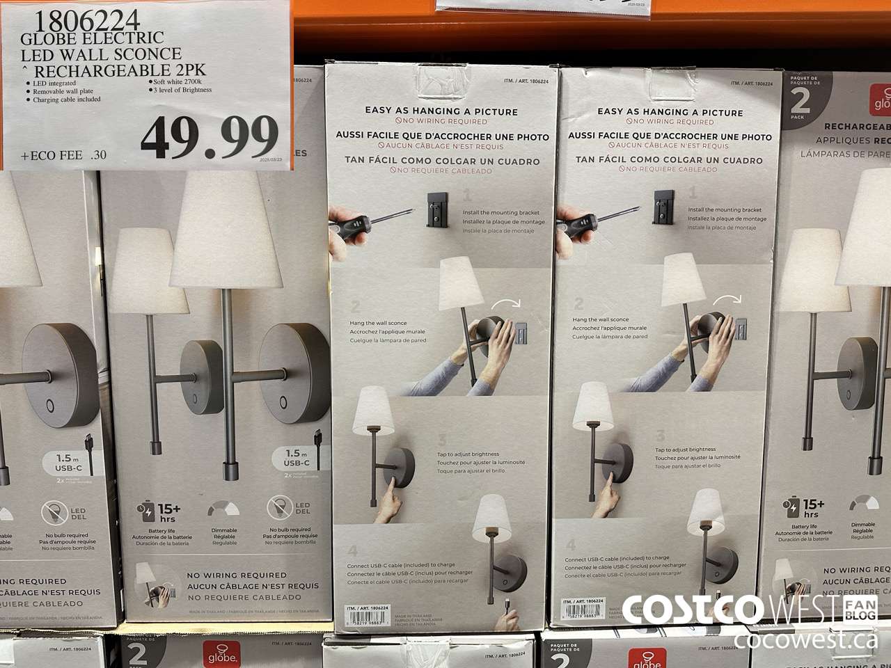 1806224 GLOBE ELECTRIC LED WALL SCONCE RECHARGEABLE 2PK $49.99