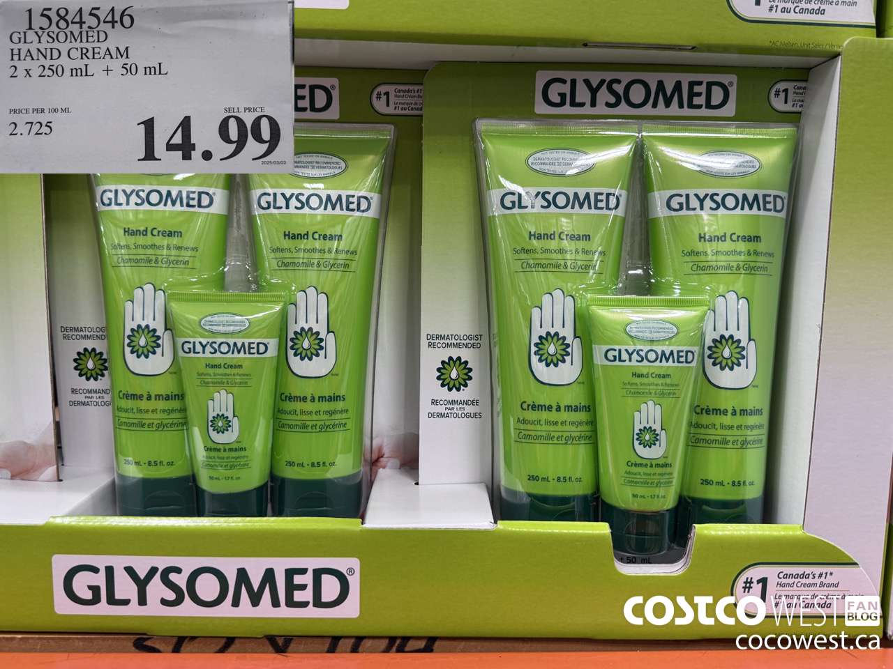 1584546 GLYSOMED HAND CREAM 2 x 250 mL + 50 mL  $14.99
